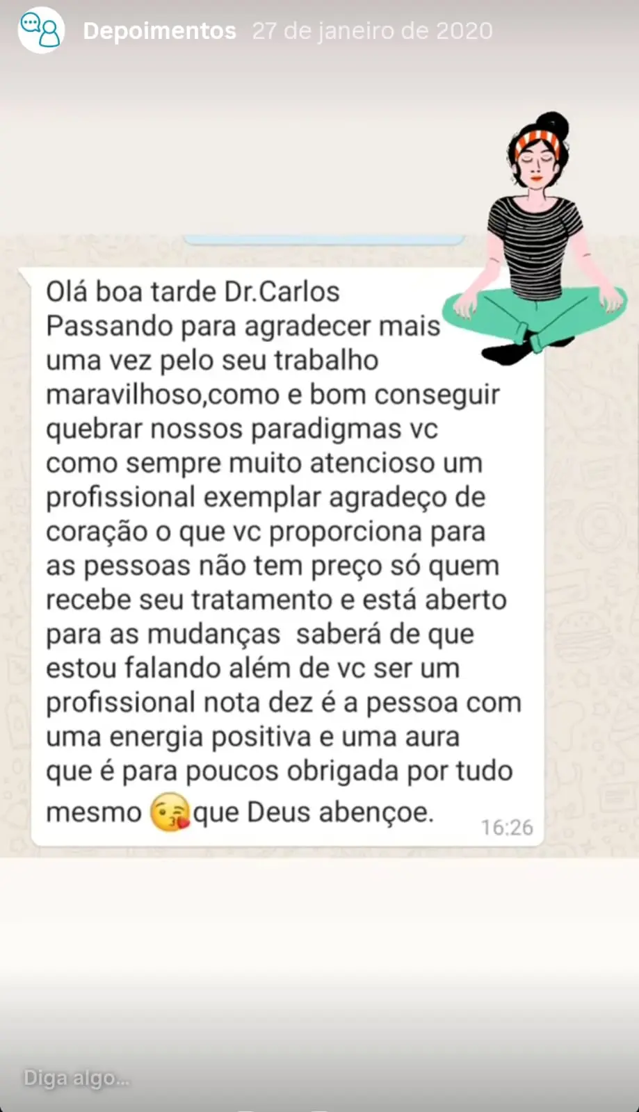 Vídeo com depoimentos reais de pacientes enviados no WhatsApp
